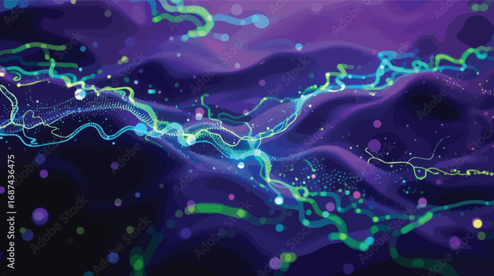 Poster abstract swirling nebula with glowing light trails and particles background galaxy.