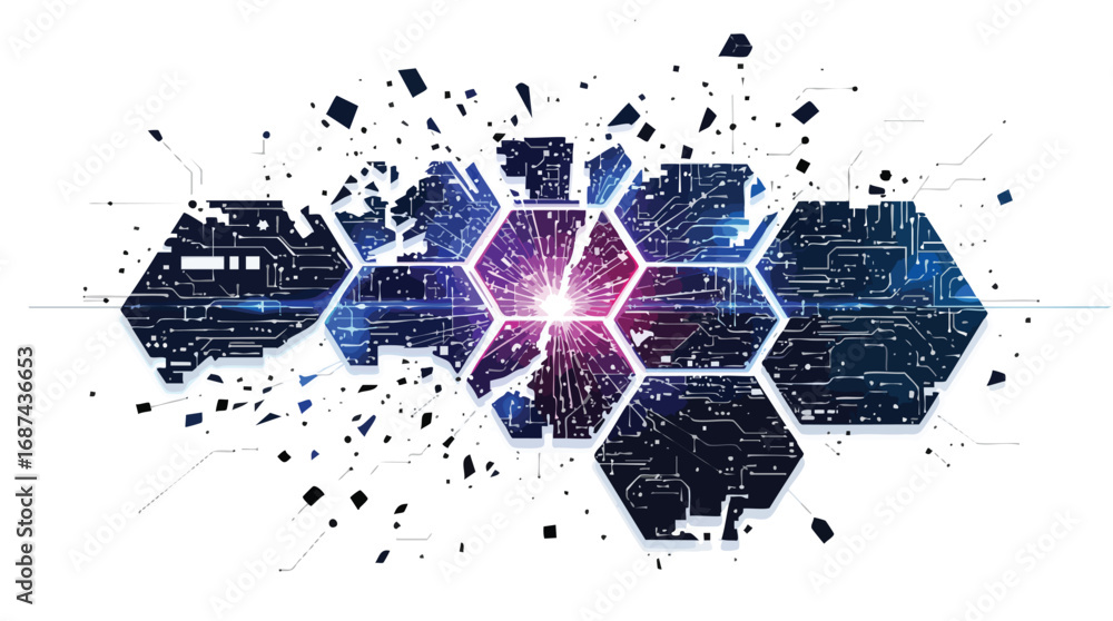 Poster exploding hexagonal network of circuitry and cosmic patterns on white background vector illustration
