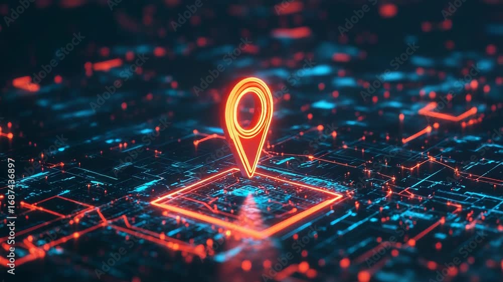 Poster glowing location pin hovering over futuristic circuit board