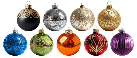 Set of ornament balls for Christmas and New Year, isolated on transparent background. Colorful colors, glittering pattern style.