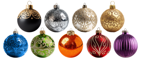 Set of ornament balls for Christmas and New Year, isolated on transparent background. Colorful colors, glittering pattern style.