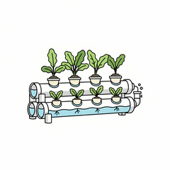 Hydroponic system with plants growing in PVC pipes, showcasing efficient water circulation and plant cultivation.