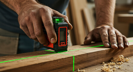 Hands Using a Laser Level to Mark a Line on a Wood Plank