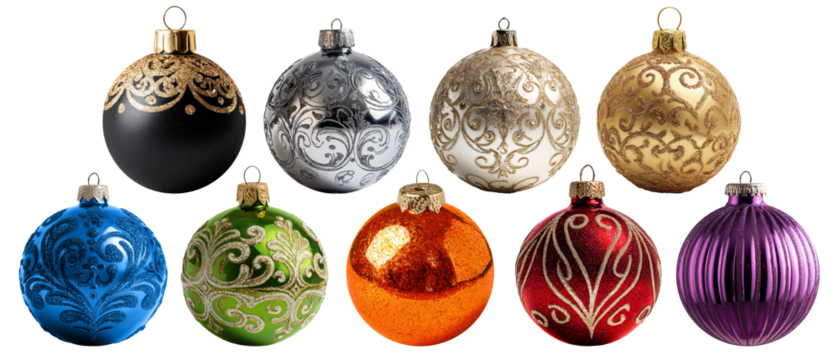 Set of ornament balls for Christmas and New Year, isolated on transparent background. Colorful colors, glittering pattern style.