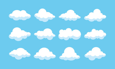 Fototapeta premium Cartoon flat white clouds set on blue background. Fluffy white cartoon clouds. Vector set of cartoon flat clouds illustration. Clouds