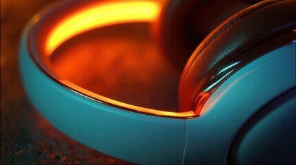 Close up modern headphones glowing orange light