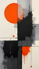 Abstract Geometrical Composition: A striking artistic composition of geometric shapes with vibrant orange and grayscale hues. The artwork blends clean lines with organic forms and textures.