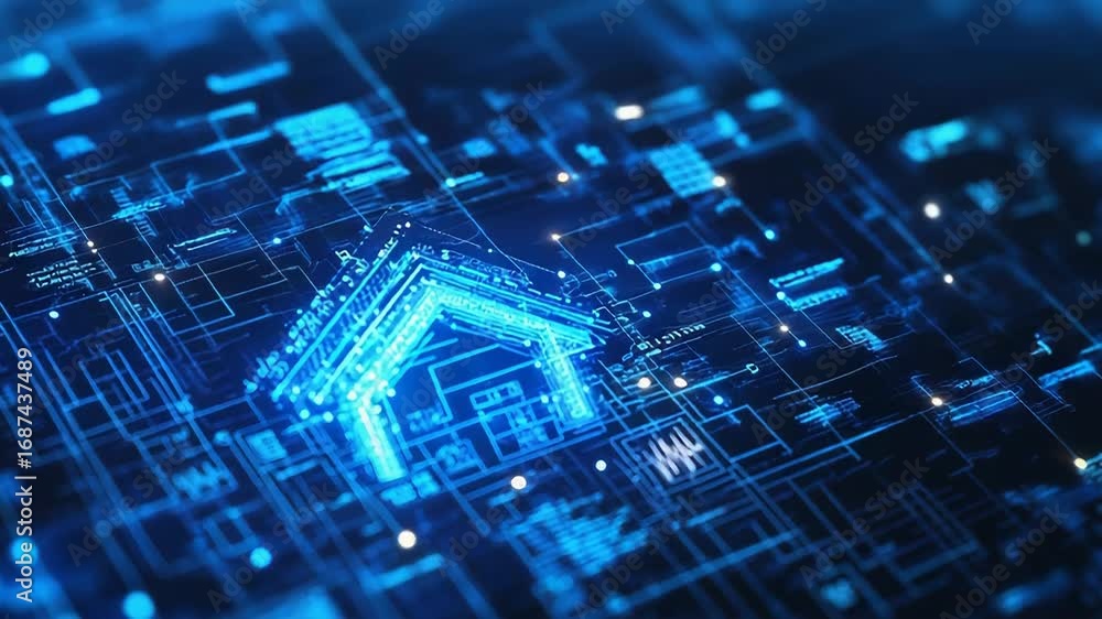 Poster futuristic smart home automation system emerging from digital data stream