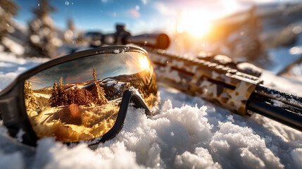 winter sports gear on snow ice skates, ski helmet with goggles reflecting snowy mountains, biathlon rifle