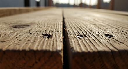 Macro shot of worn wooden planks with nails, low angle view