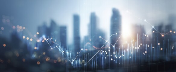 The financial growth chart overlaying a modern city skyline at dawn.