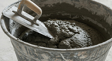 Freshly mixed cement in a bucket with a trowel