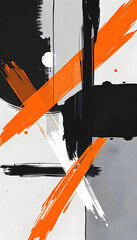 Abstract Composition: Dynamic lines and shapes in a striking minimalist design, featuring bold black, vibrant orange, and soft gray.