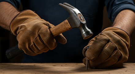 Hands in work gloves hammering a nail into wood