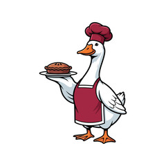 Funny goose chef holding delicious pie offering dessert meal delight vector