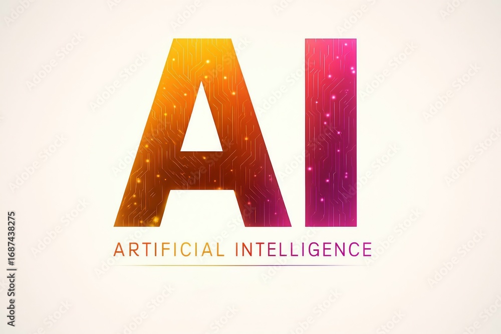 Poster abstract ai logo with glowing gradient colors and circuit board pattern representing artificial inte
