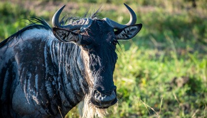 Wildebeest Portrait in Grassland