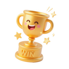 A charming 3D cartoon illustration of a shiny gold trophy with a smiling face, radiating with stars and the word "WIN," symbolizing victory and success.