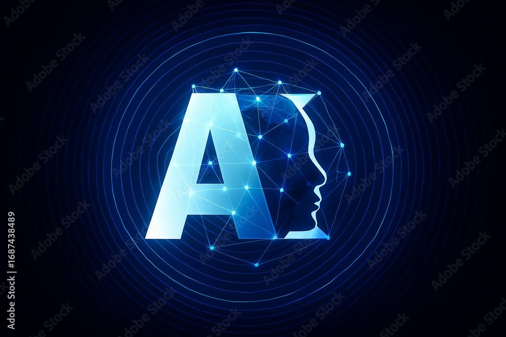 Poster abstract glowing digital ai brain concept with a human profile silhouette and interconnected network