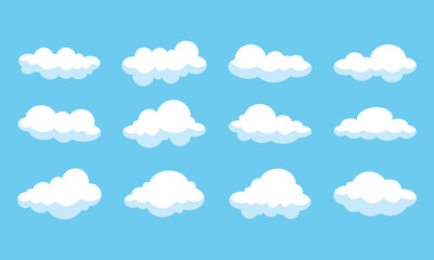 Cartoon flat white clouds set on blue background. Fluffy white cartoon clouds. Vector set of cartoon flat clouds illustration. Clouds