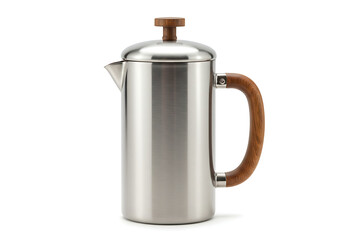 Stainless steel French press coffee maker with wooden handle.