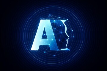 Abstract glowing digital ai brain concept with a human profile silhouette and interconnected network nodes on a dark background