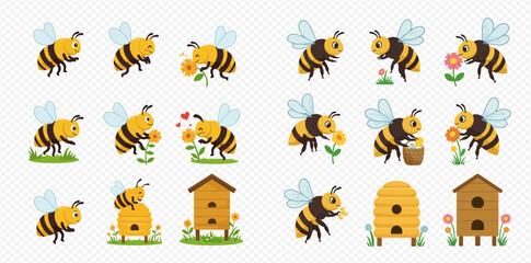 Cute cartoon bees in various poses interacting with flowers and beehives, illustrating pollination and honey production.