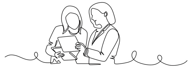 Continuous line art of two women in business suits discussing while holding gadgets. Teamwork. Vector illustration.