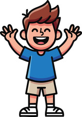 Obraz premium Happy boy joyfully raising his arms, cartoon illustration.