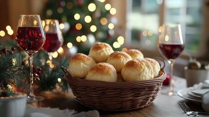 Freshly baked bread rolls in basket on table with Christmas decor  