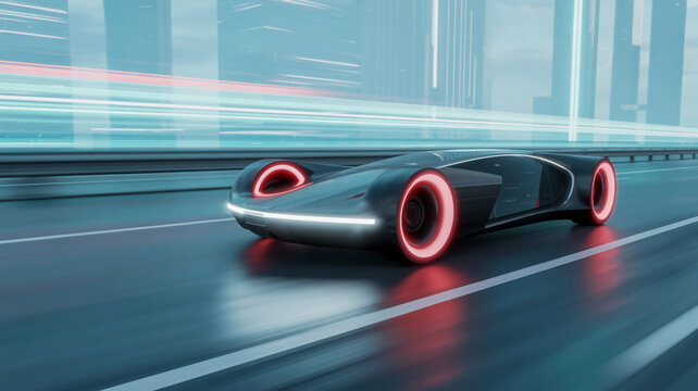 A futuristic concept car design in motion on a sleek highway.