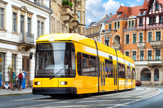 Public Transit in Dresden in Front of Traditional City Buildings