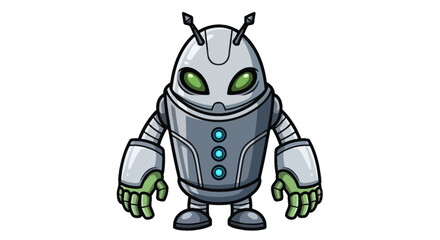 Cartoon Robot with Green Eyes and Antennae, Isolated.