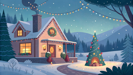 A cozy christmas scene with a decorated house and christmas tree in a snowy winter wonderland style
