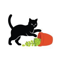 Curious black cat playfully interacts with a fallen red pot spilling vibrant green herbs vector