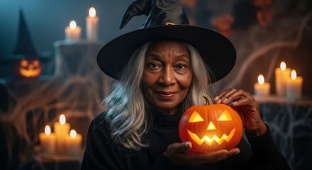 Smiling elderly woman dressed as a witch holding a jackolantern with candles in the background