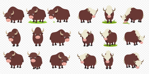 Cute cartoon yaks in various poses, featuring both dark brown and white-faced types, some depicted grazing.