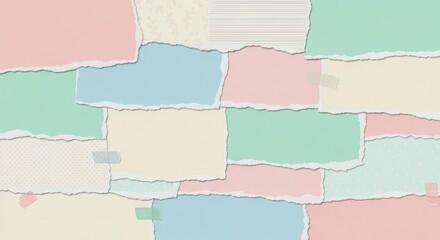 Fototapeta premium Pastel paper collage background with torn edges and soft color palette
