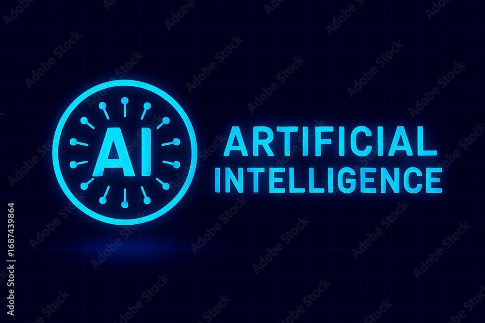 Poster glowing neon blue ai symbol and text representing artificial intelligence and futuristic technology 