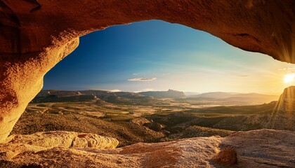 sunlit landscape viewed through a natural stone arch