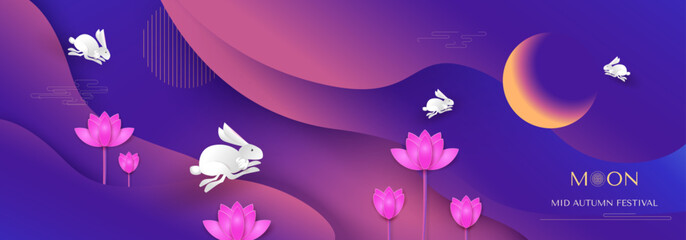 Mid-Autumn Festival. Jumping rabbits, lotus flowers, full moon. Chuseok, Chinese translation Mid-Autumn. Banner, background and poster. Vector