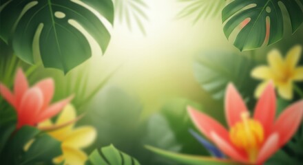 Tropical background with monstera leaves and exotic flowers in soft focus