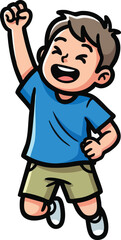 Joyful boy celebrates, jumping with raised fist, happy expression.