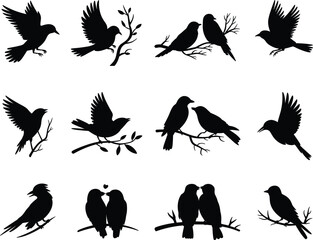 Bird silhouette collection, flying birds, love birds, perched birds on branches, romantic bird couple vector, nature wildlife illustration design set