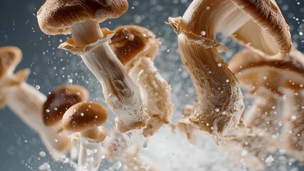 Super slow motion of champignons mushrooms flying up in the air. Filmed on high speed cinema camera - Powered by Adobe