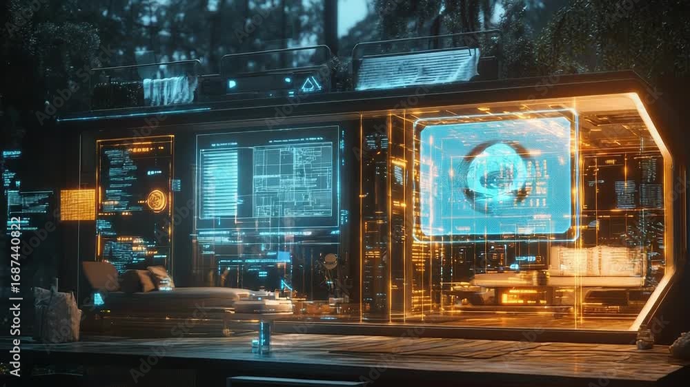 Poster futuristic smart home monitoring system displaying data in forest setting