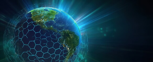 The Globe Illuminated by Futuristic Hexagonal Network Design