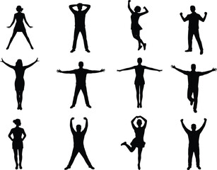 Human silhouette poses vector illustration, people standing with different gestures, men and women body outlines, lifestyle activity design, expressive character movement collection