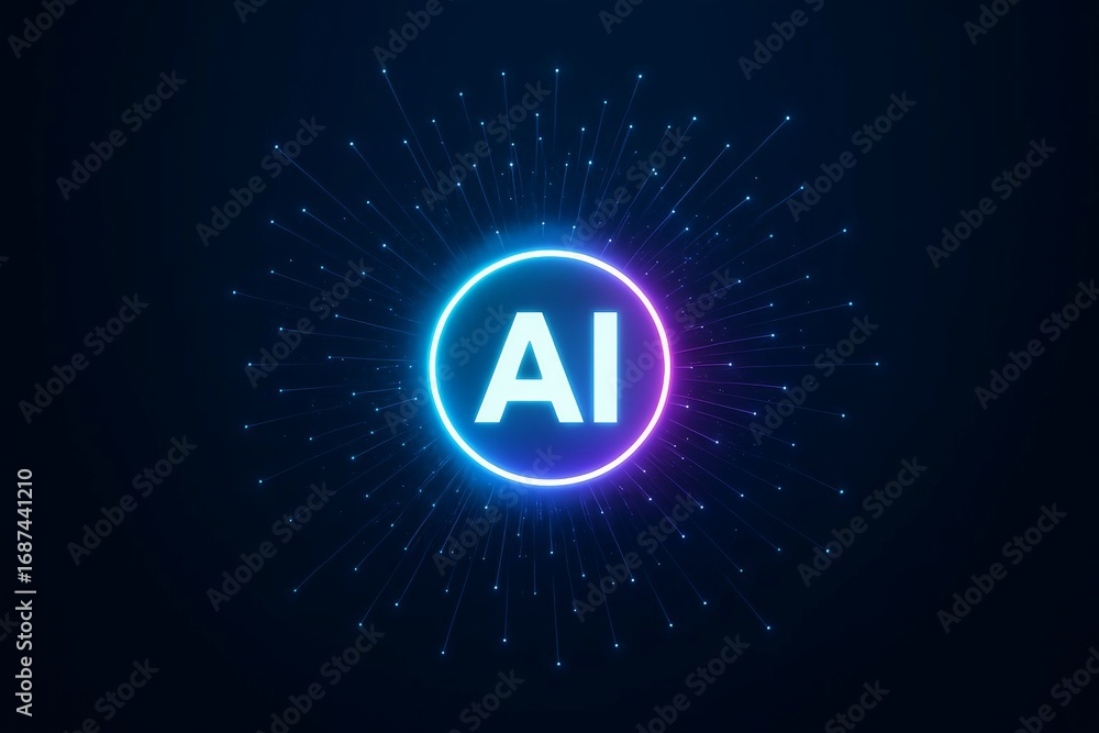 Poster glowing neon circle with ai text inside on a dark background with digital particles