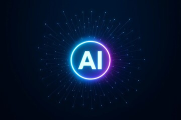 Glowing neon circle with ai text inside on a dark background with digital particles